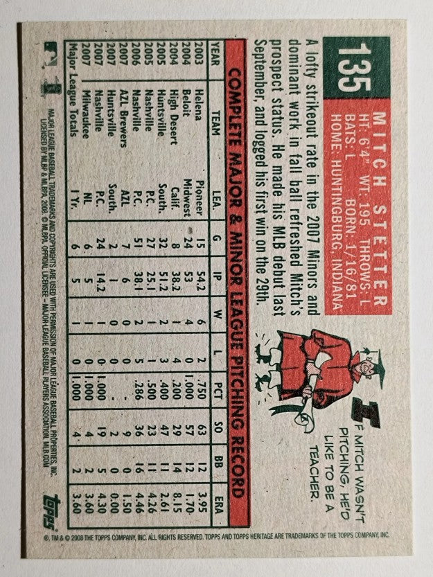 2008 Topps Heritage #135 Mitch Stetter GB SP RC