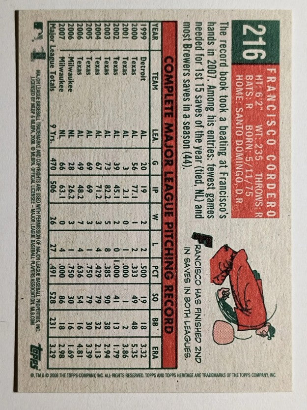 2008 Topps Heritage #216 Francisco Cordero