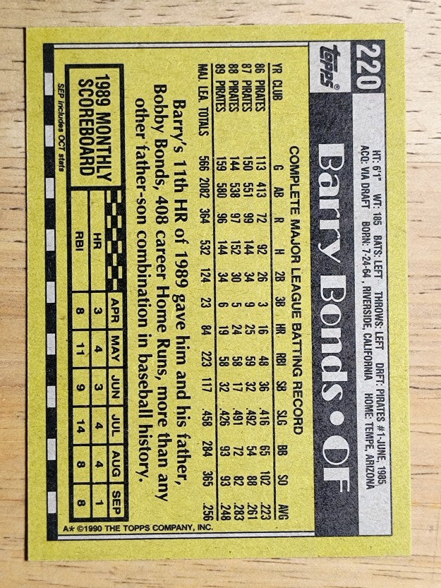1990 Topps #220 Barry Bonds