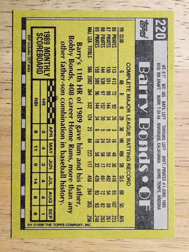1990 Topps #220 Barry Bonds