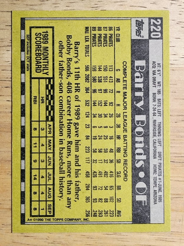 1990 Topps #220 Barry Bonds