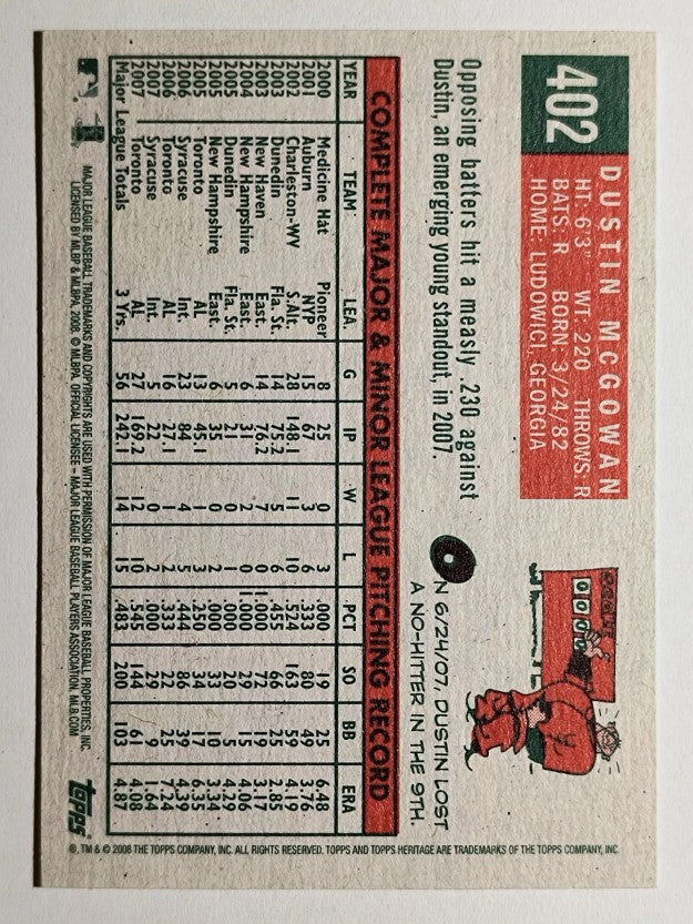 2008 Topps Heritage #402 Dustin McGowan