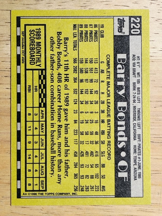 1990 Topps #220 Barry Bonds