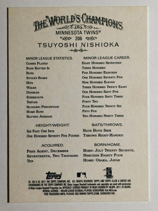 2011 Topps Allen and Ginter #206 Tsuyoshi Nishioka RC (NM)