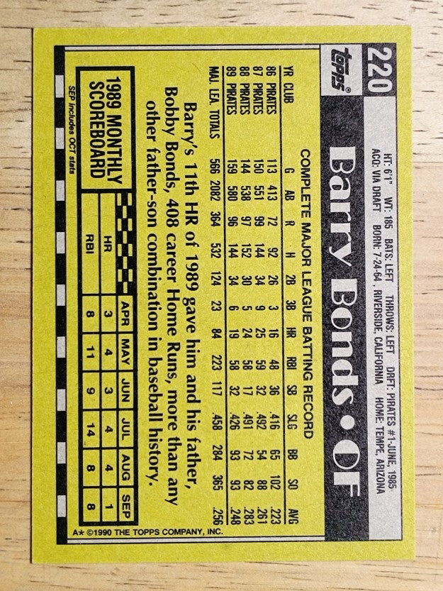 1990 Topps #220 Barry Bonds