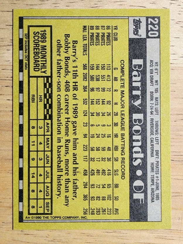1990 Topps #220 Barry Bonds