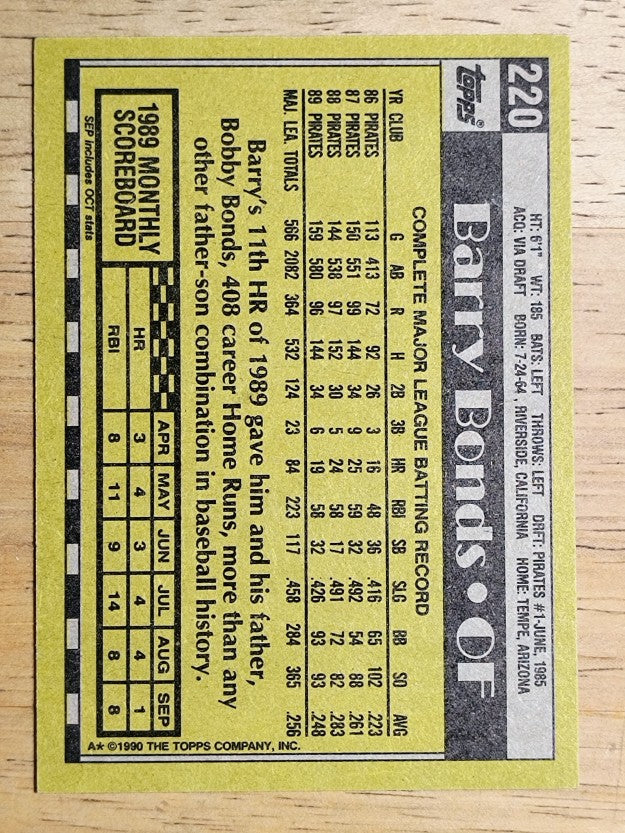1990 Topps #220 Barry Bonds