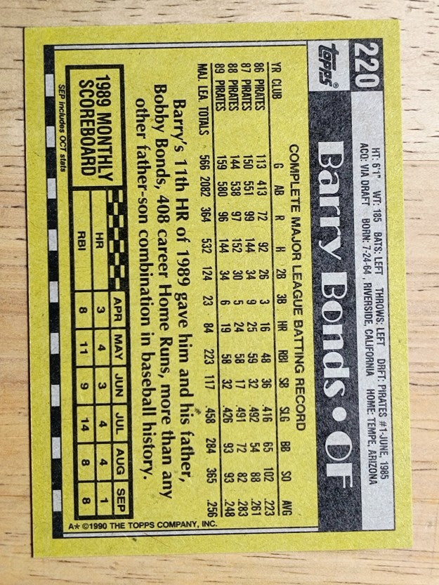 1990 Topps #220 Barry Bonds