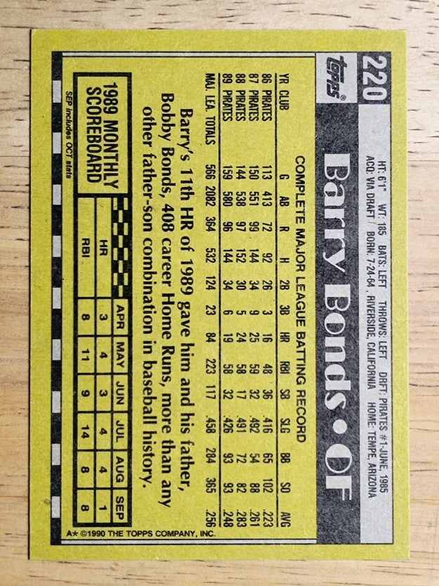 1990 Topps #220 Barry Bonds