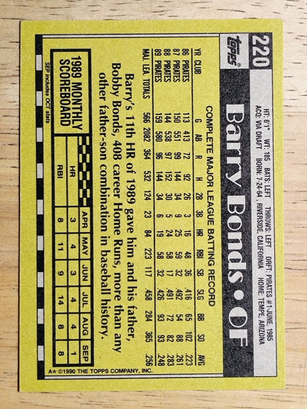 1990 Topps #220 Barry Bonds