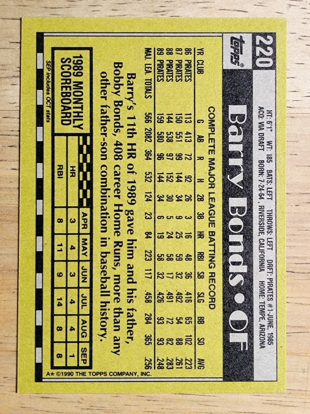 1990 Topps #220 Barry Bonds