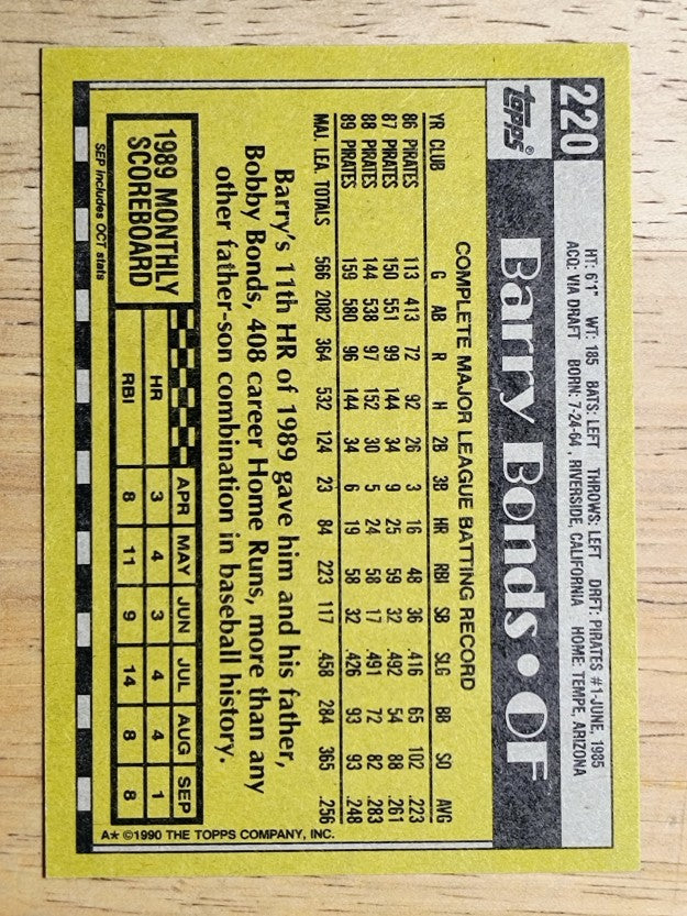 1990 Topps #220 Barry Bonds