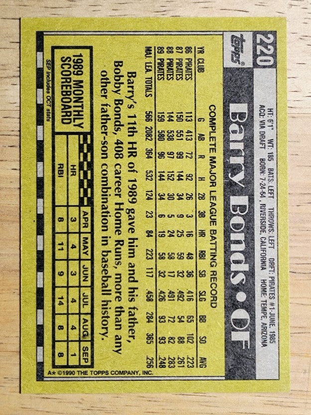 1990 Topps #220 Barry Bonds