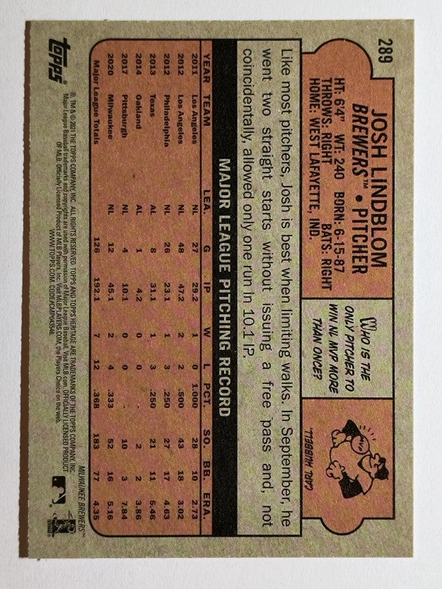 2021 Topps Heritage #289 Josh Lindblom