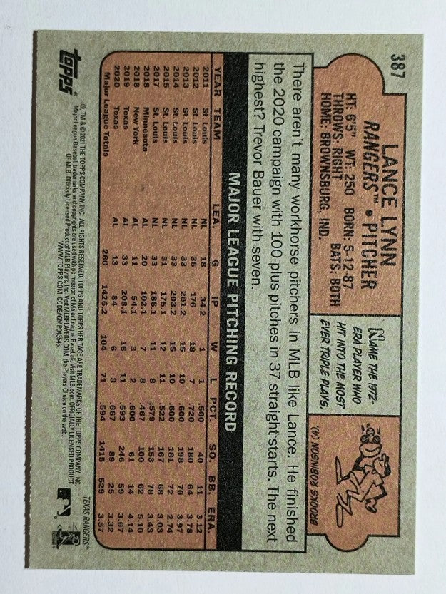 2021 Topps Heritage #387 Lance Lynn
