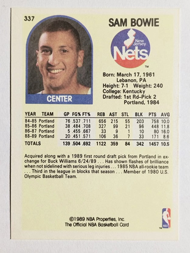 1989-90 Hoops #337 Sam Bowie