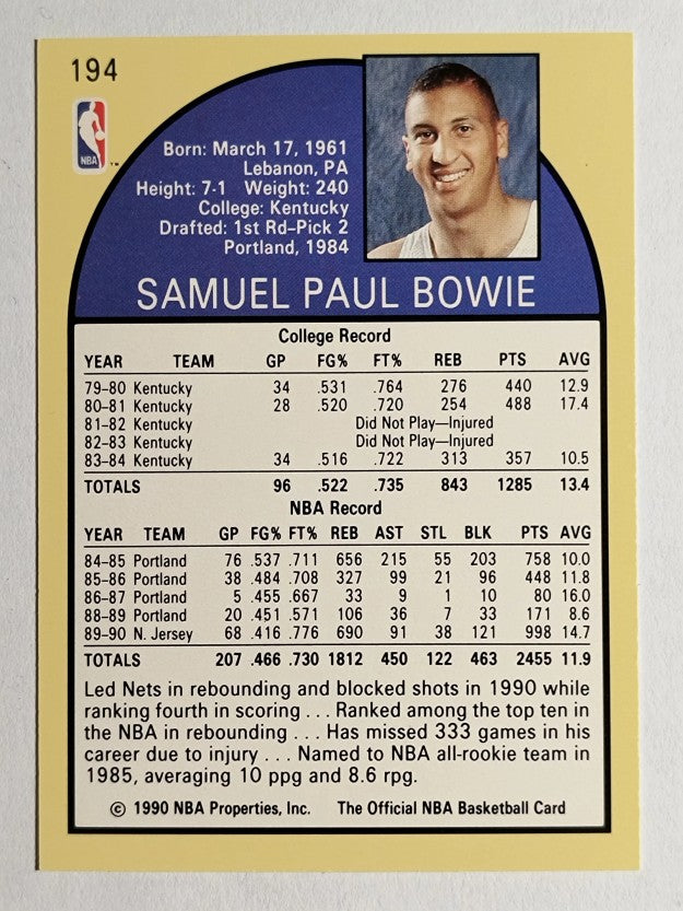 1990-91 Hoops #194 Sam Bowie