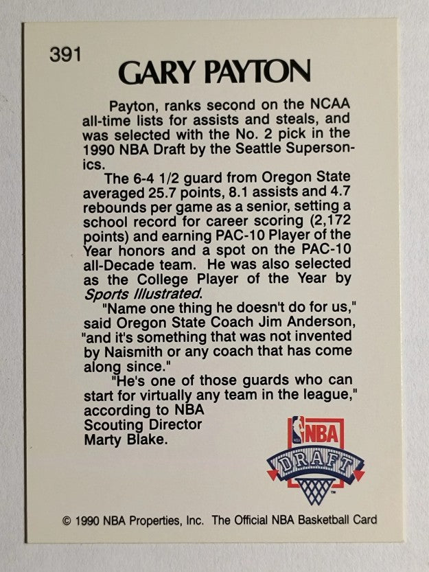1990-91 Hoops #391 Gary Payton LS RC (EX)