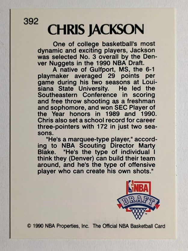 1990-91 Hoops #392 Chris Jackson LS RC