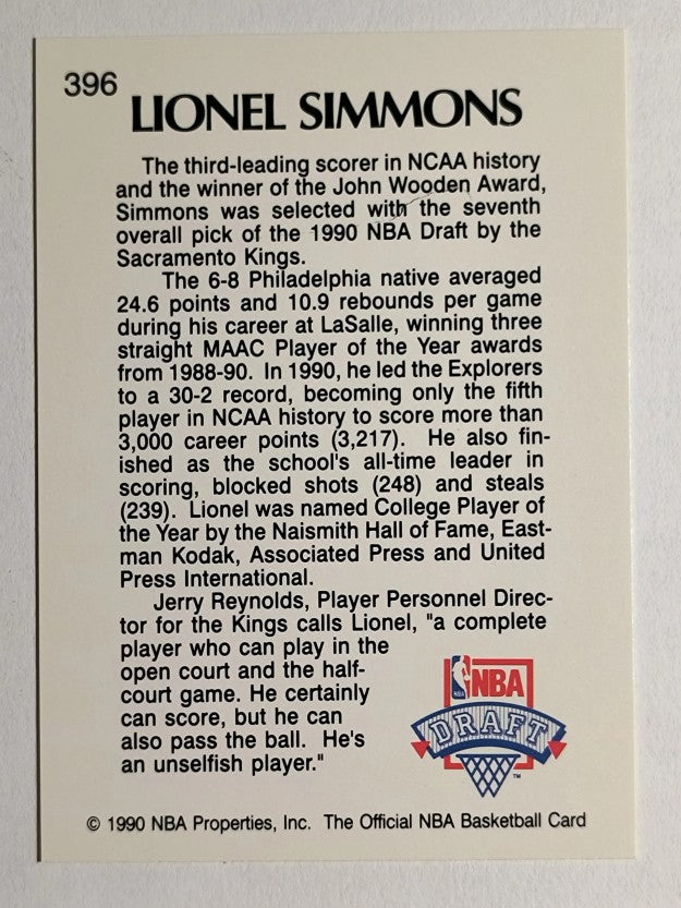 1990-91 Hoops #396 Lionel Simmons LS RC