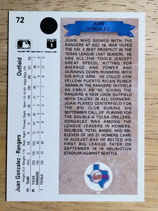 1990 Upper Deck #72 Juan Gonzalez RC