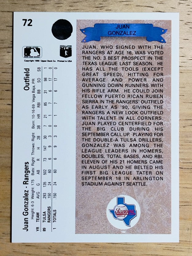 1990 Upper Deck #72 Juan Gonzalez RC