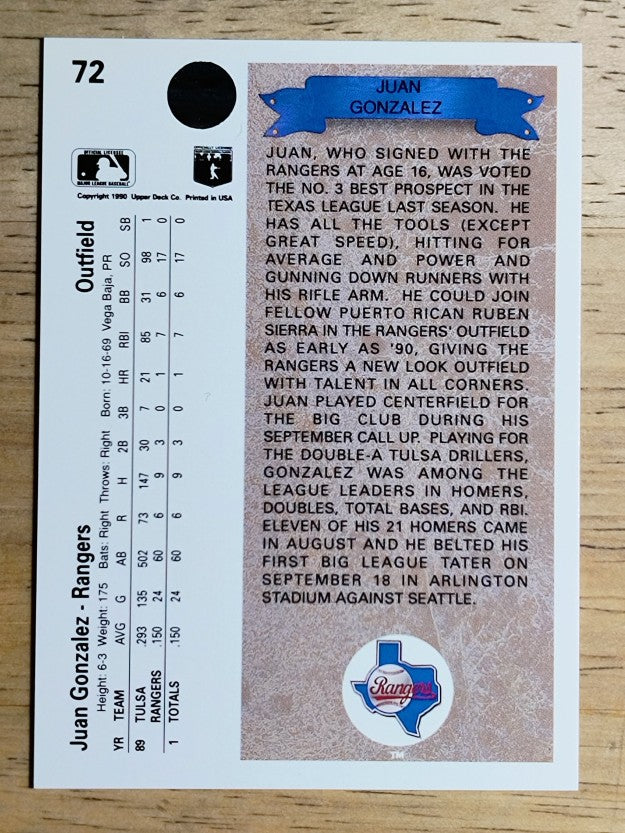 1990 Upper Deck #72 Juan Gonzalez RC