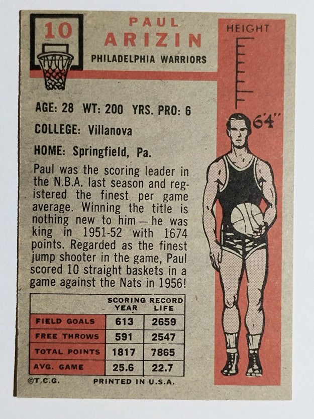 1957-58 Topps #10 Paul Arizin RC (EXMT)