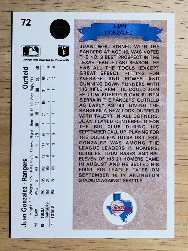 1990 Upper Deck #72 Juan Gonzalez RC