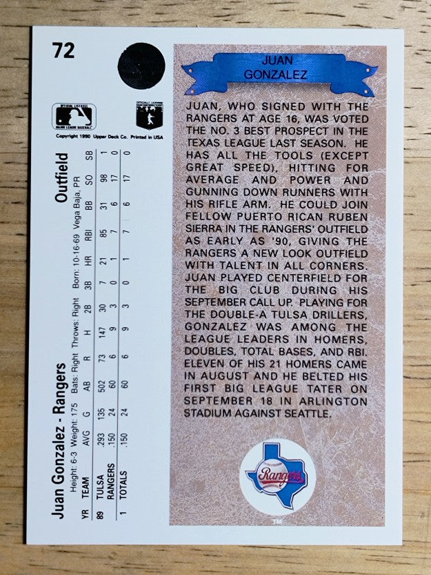 1990 Upper Deck #72 Juan Gonzalez RC