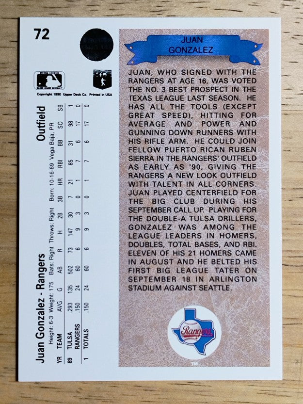 1990 Upper Deck #72 Juan Gonzalez RC