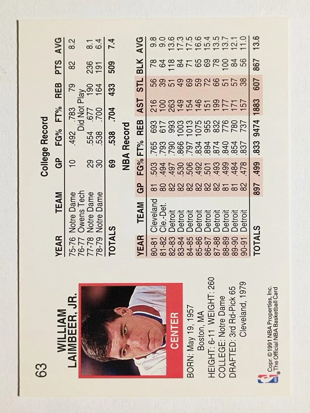 1991-92 Hoops #63 Bill Laimbeer