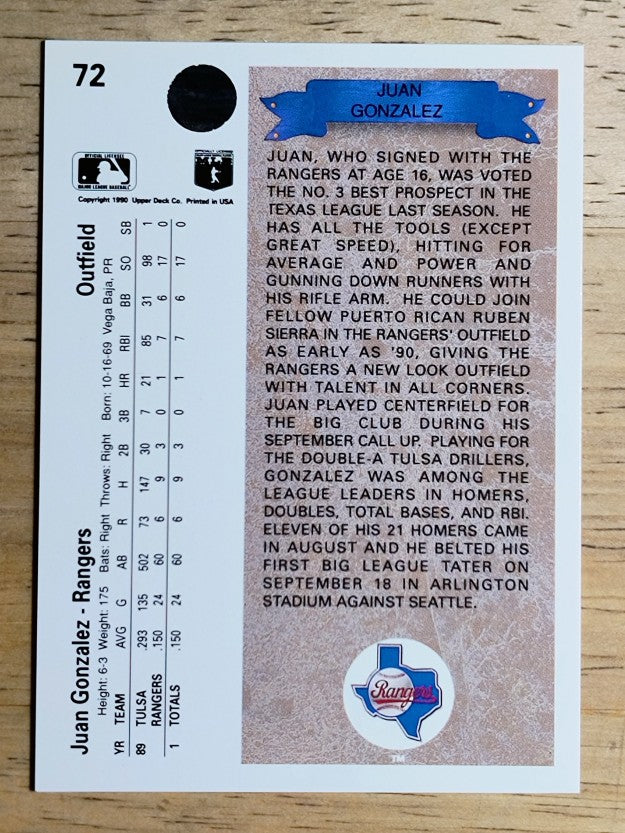 1990 Upper Deck #72 Juan Gonzalez RC
