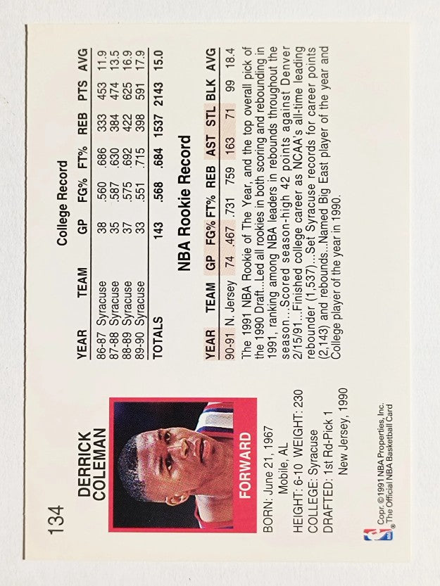 1991-92 Hoops #134 Derrick Coleman