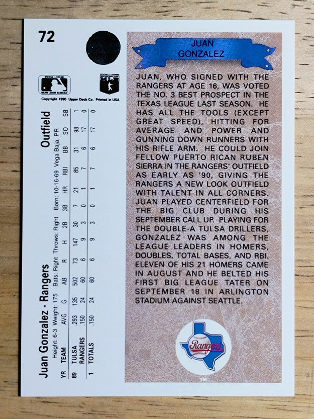 1990 Upper Deck #72 Juan Gonzalez RC