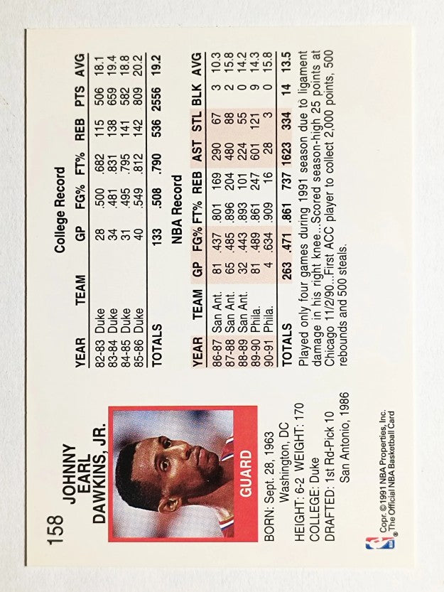 1991-92 Hoops #158 Johnny Dawkins