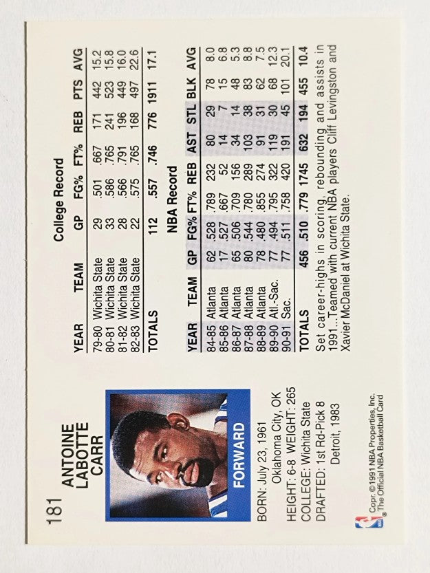 1991-92 Hoops #181 Antoine Carr