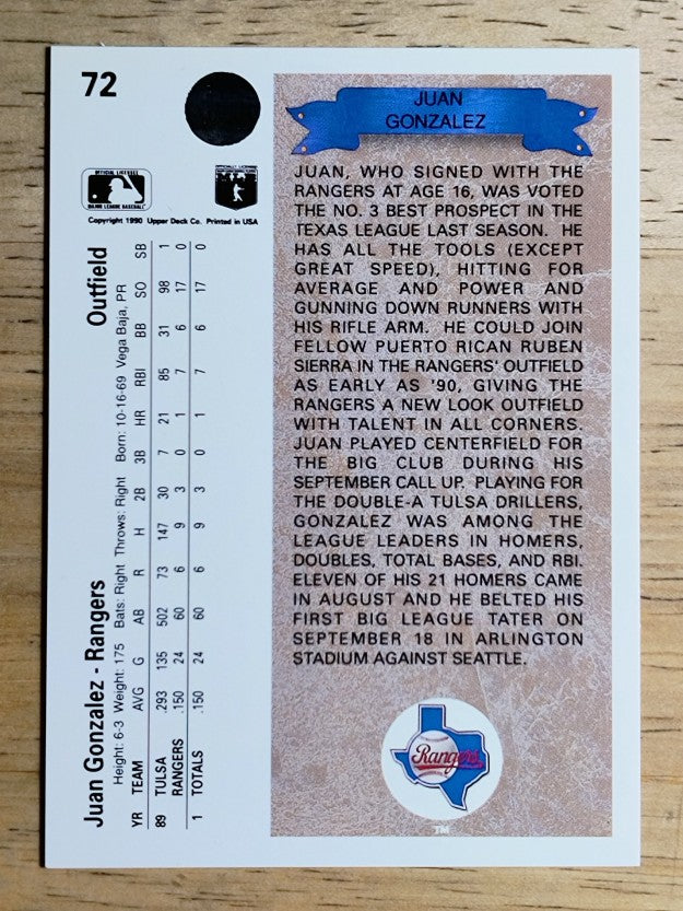 1990 Upper Deck #72 Juan Gonzalez RC