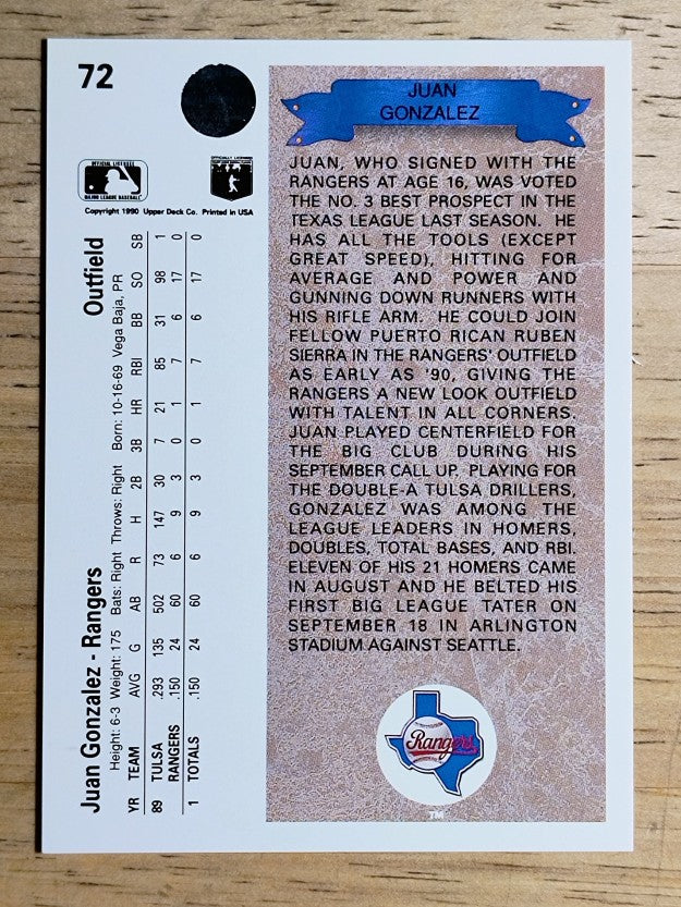 1990 Upper Deck #72 Juan Gonzalez RC