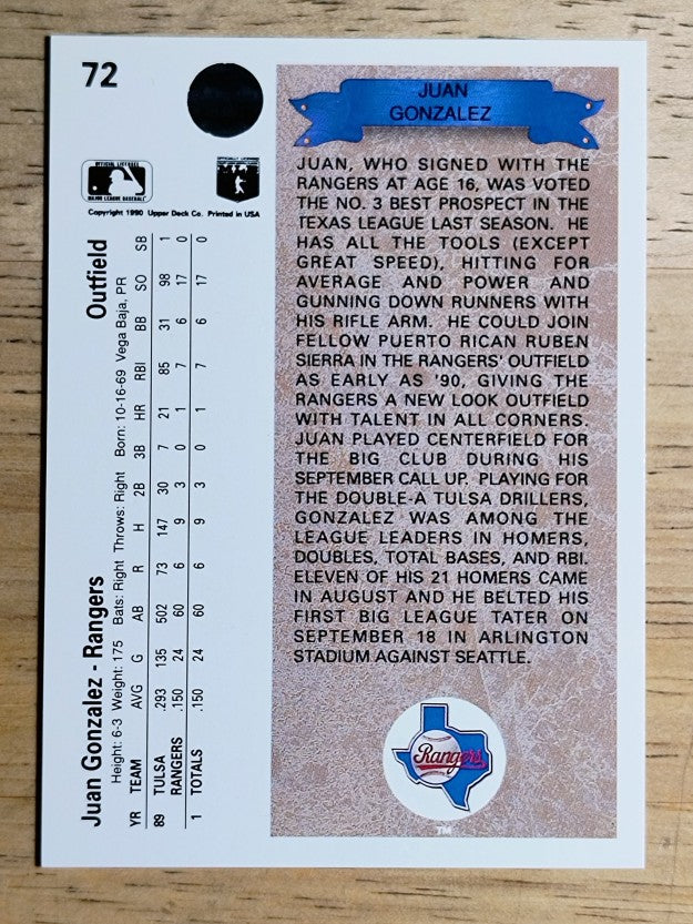 1990 Upper Deck #72 Juan Gonzalez RC