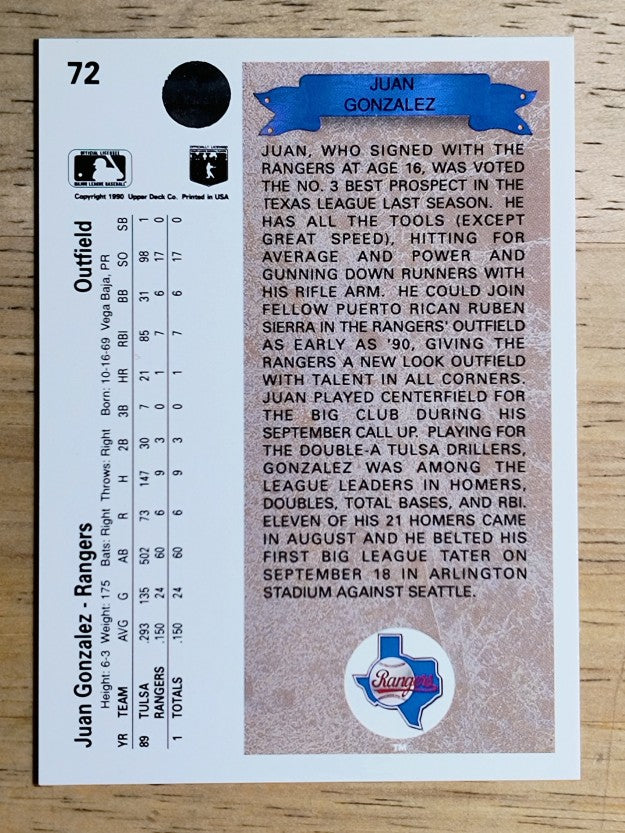 1990 Upper Deck #72 Juan Gonzalez RC