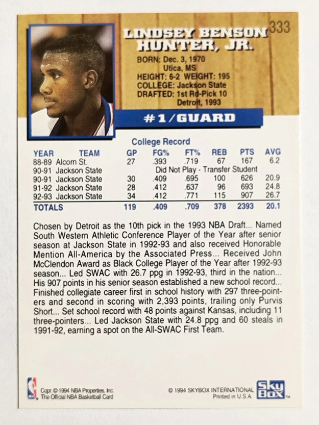 1993-94 Hoops #333 Lindsey Hunter RC