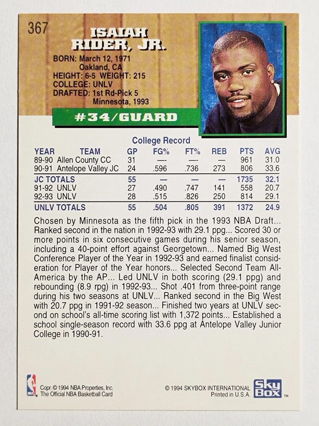 1993-94 Hoops #367 Isaiah Rider RC