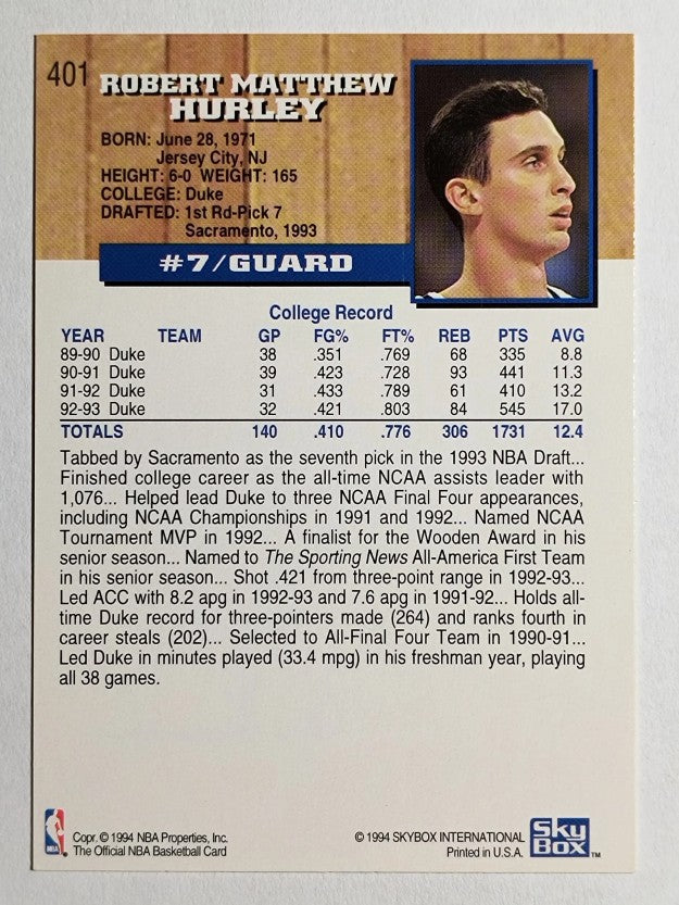 1993-94 Hoops #401 Bobby Hurley RC