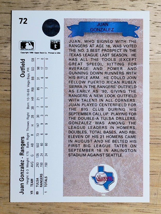 1990 Upper Deck #72 Juan Gonzalez RC