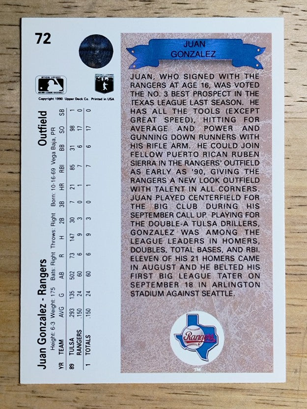 1990 Upper Deck #72 Juan Gonzalez RC