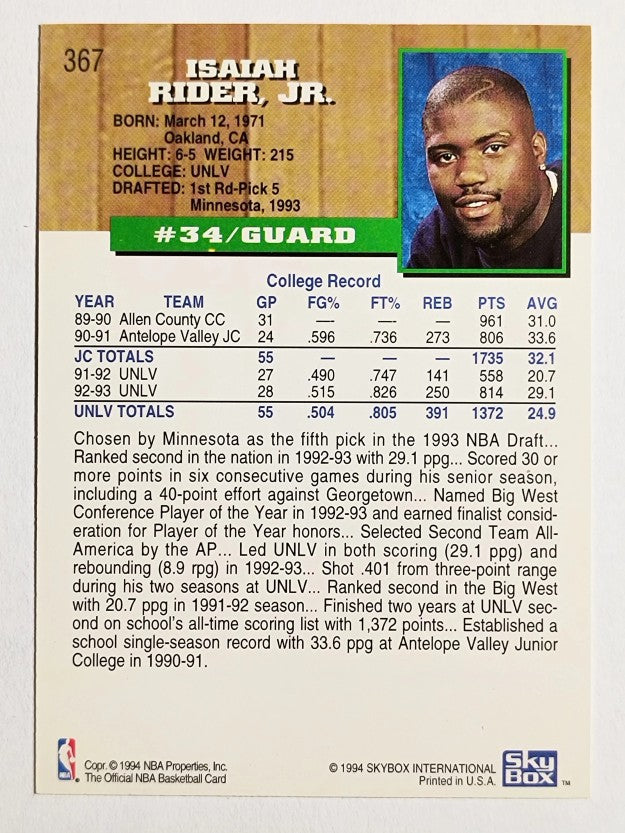 1993-94 Hoops Fifth Anniversary Gold #367 Isaiah Rider (NM)