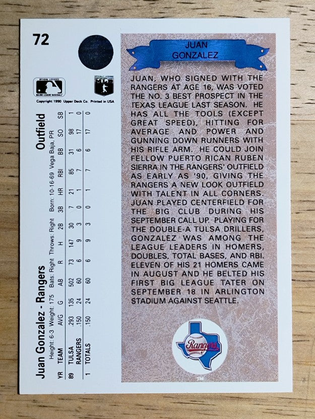 1990 Upper Deck #72 Juan Gonzalez RC