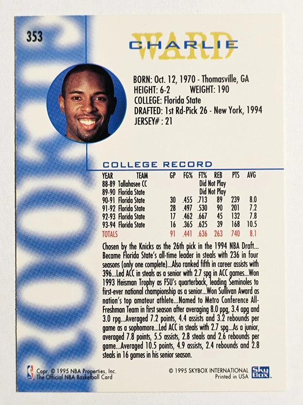 1994-95 Hoops #353 Charlie Ward RC