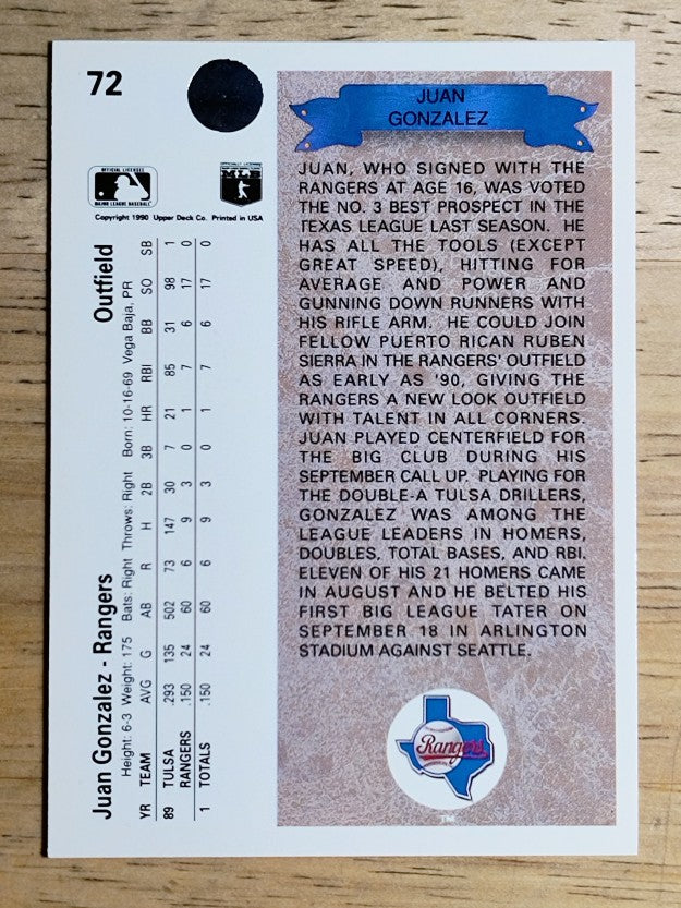 1990 Upper Deck #72 Juan Gonzalez RC
